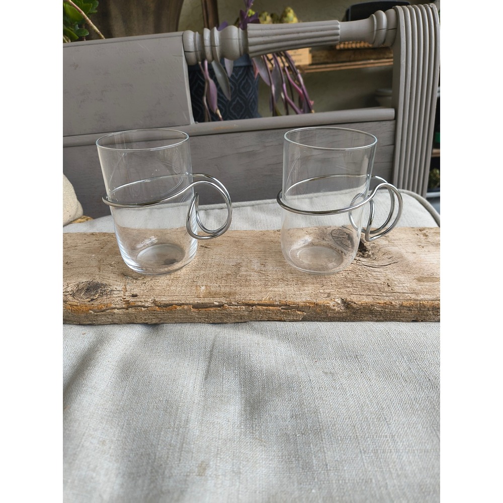 Vintage  Iittala Coffee Mugs Set of 2 Clear with Chrome Metal Handles MCM
